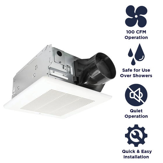 Features of the BC100 include 100 CFM operation, safe for installation over showers, quiet operation, and easy installation.