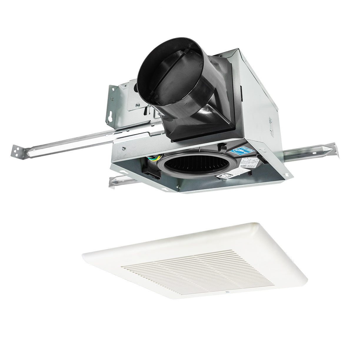 Exploded view of the utility fan with the grille pulled away from the main housing.