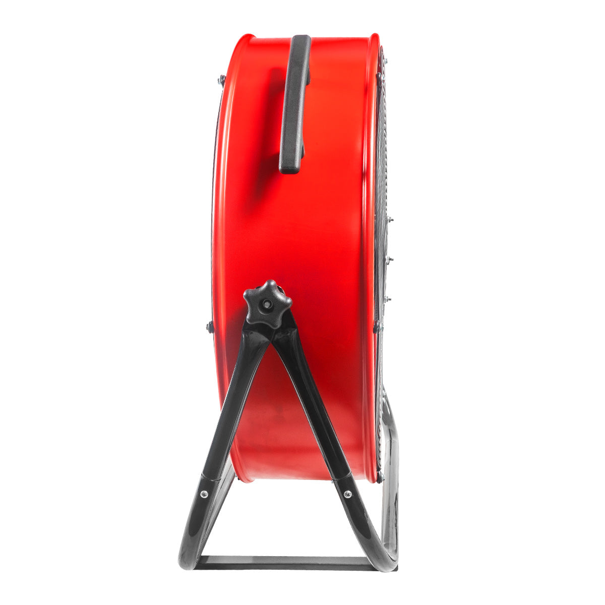 Right side view of the 24 in. red barrel fan showing the easy to use tilt adjustment knobs and sturdy cradle base.