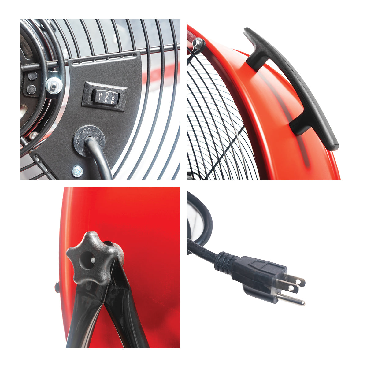24 in. red tilt fan detail close-ups, including the switch, tilt adjustment knobs, carry handle, and plug.