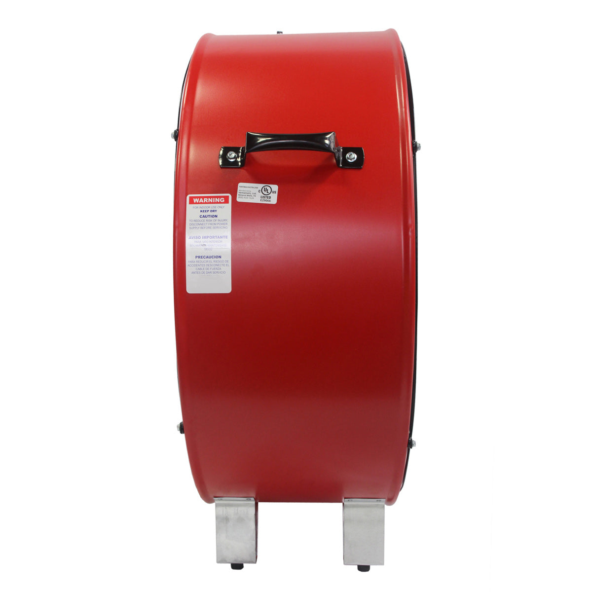 Left side profile view of 36 in. high velocity air mover showing the non-skid positioning legs and handle.