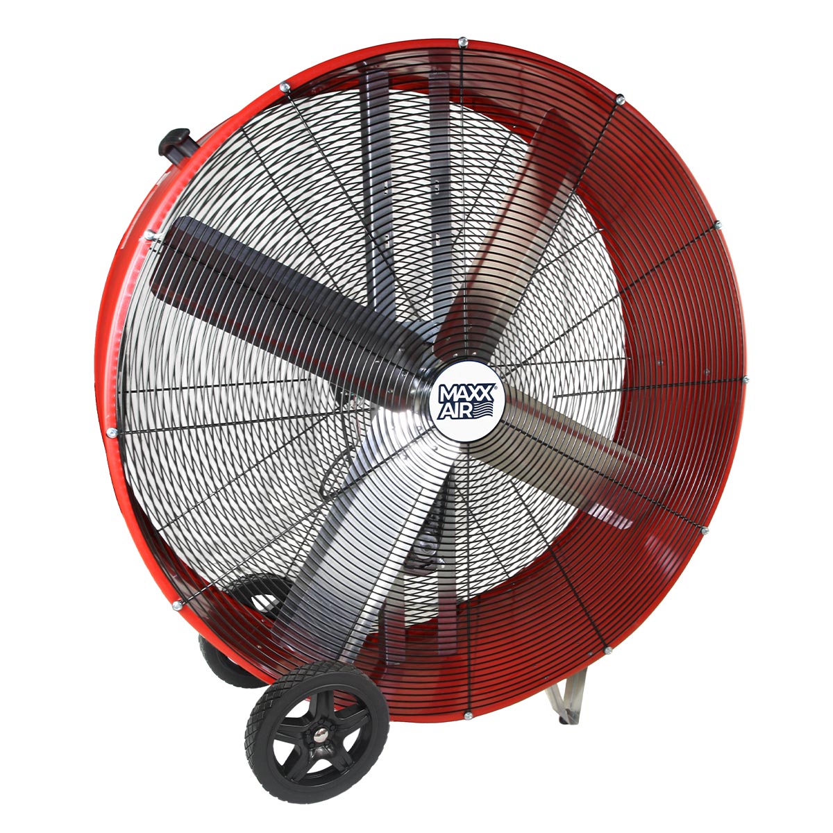 Large 48 in. drum fan constructed of heavy duty metal in a powder-coated red finish.