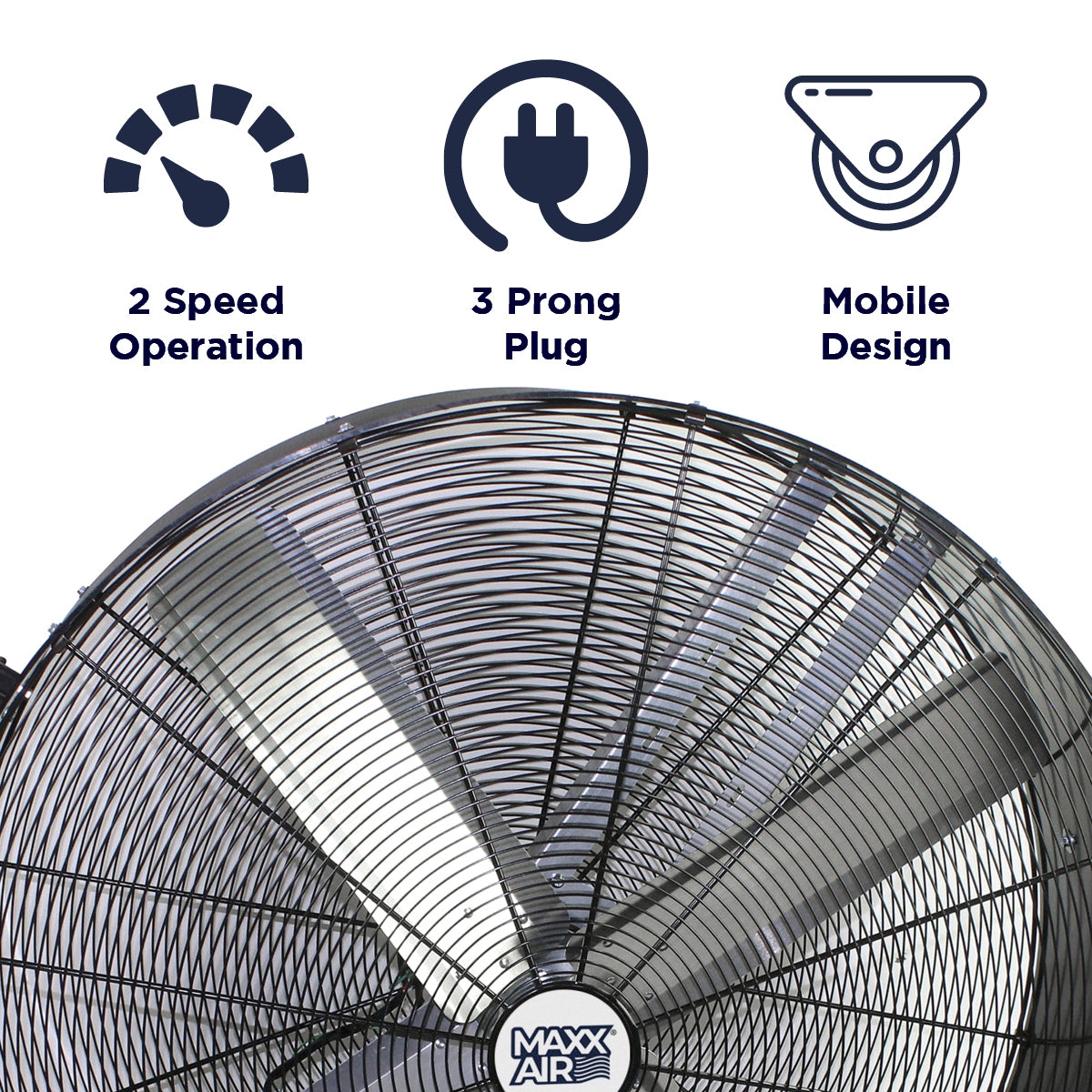 Features of the 42 in. belt drive fan include 2 speed operation, portable design, and 3 prong electric plug.