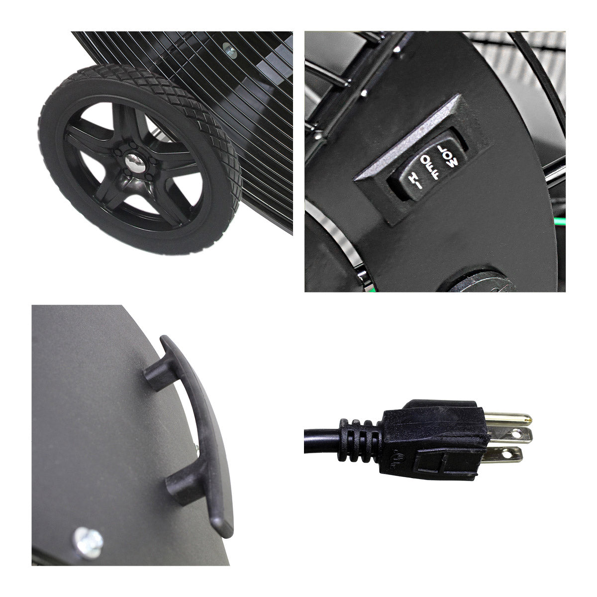 Detailed close-up of built-in wheels and handle, rocker switch, and 3 prong plug.