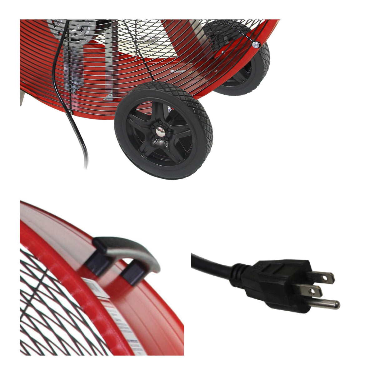 Detailed close-up of rocker switch, diamond tread wheels, built-in handles, and 3 prong plug.