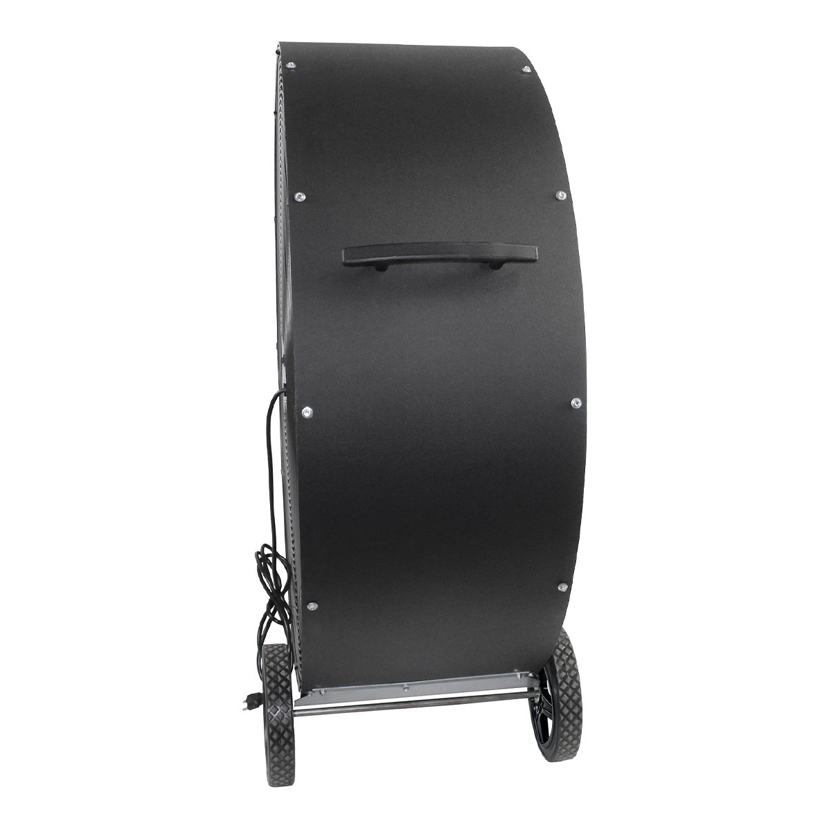 Left side of the commercial grade poly fan showing the portable features such as the handle and wheels.