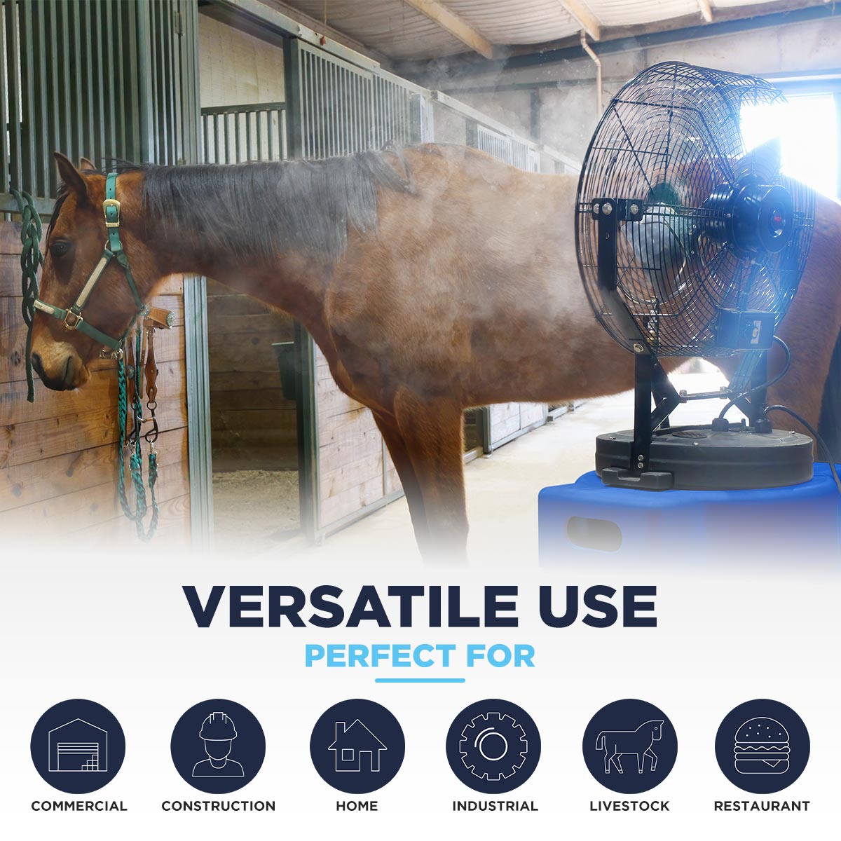 The Maxx Air 18" misting fan can be used in a wide variety of environments, including commercial, ag, construction, and home applications.