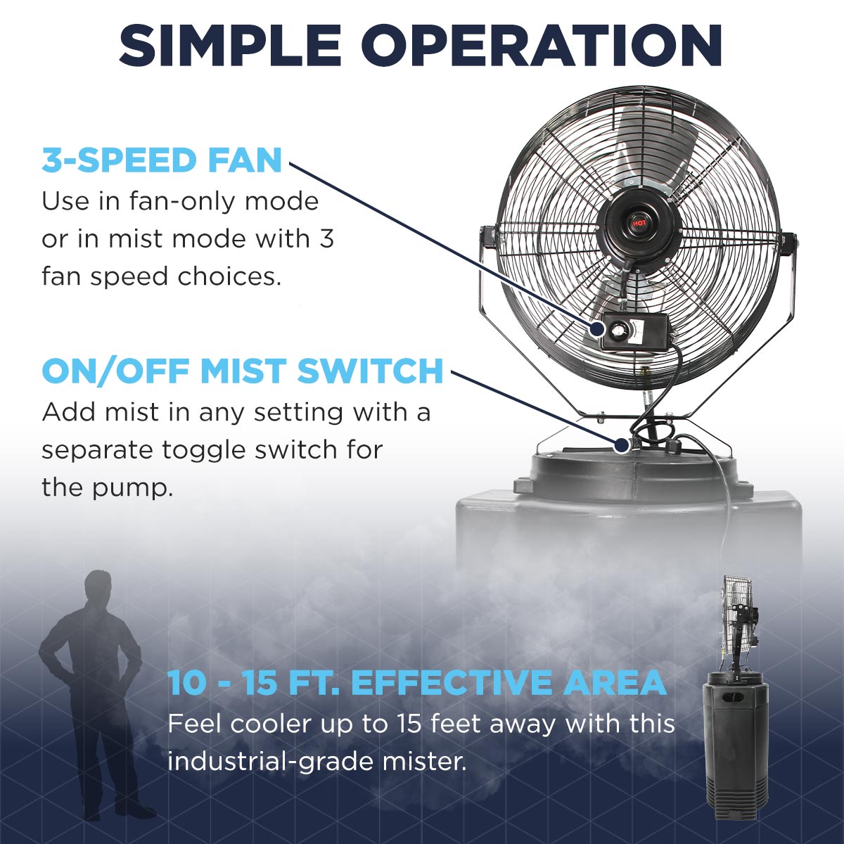 This portable misting fan is easy to use with separate fan speed and mist switch to create a cooling environment felt up to 15 ft. away.