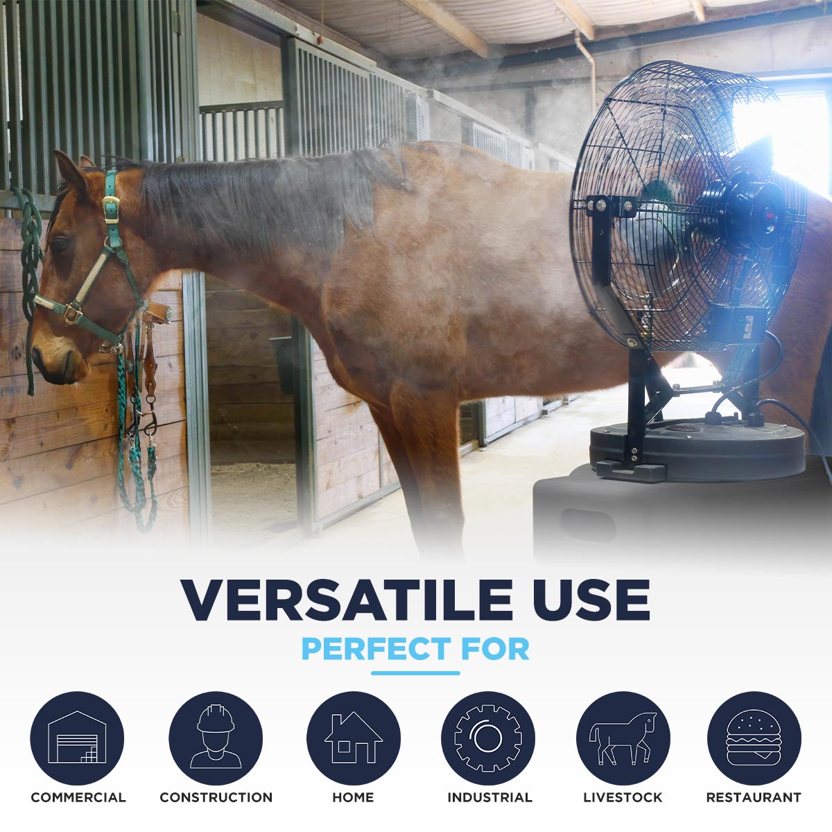 The Maxx Air 18" misting fan can be used in a wide variety of environments, including commercial, ag, construction, and home applications.