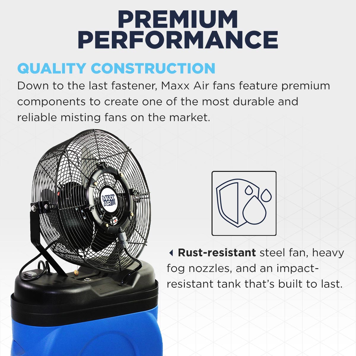The CDMP1420BLU mister is made of quality rust-resistant components that are built to last.