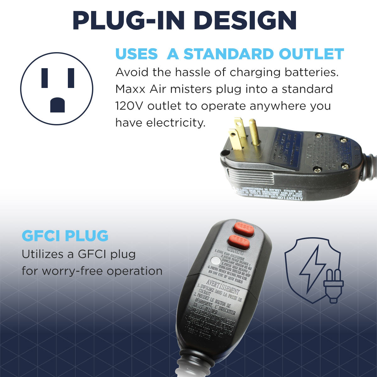 This electric powered mister plugs into a standard 120V outlet and uses a GFCI plug to use anywhere electricity is available.