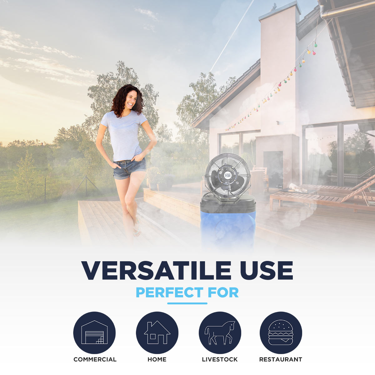 The Maxx Air 14" misting fan can be used in a wide variety of environments, including commercial, ag, and home applications.