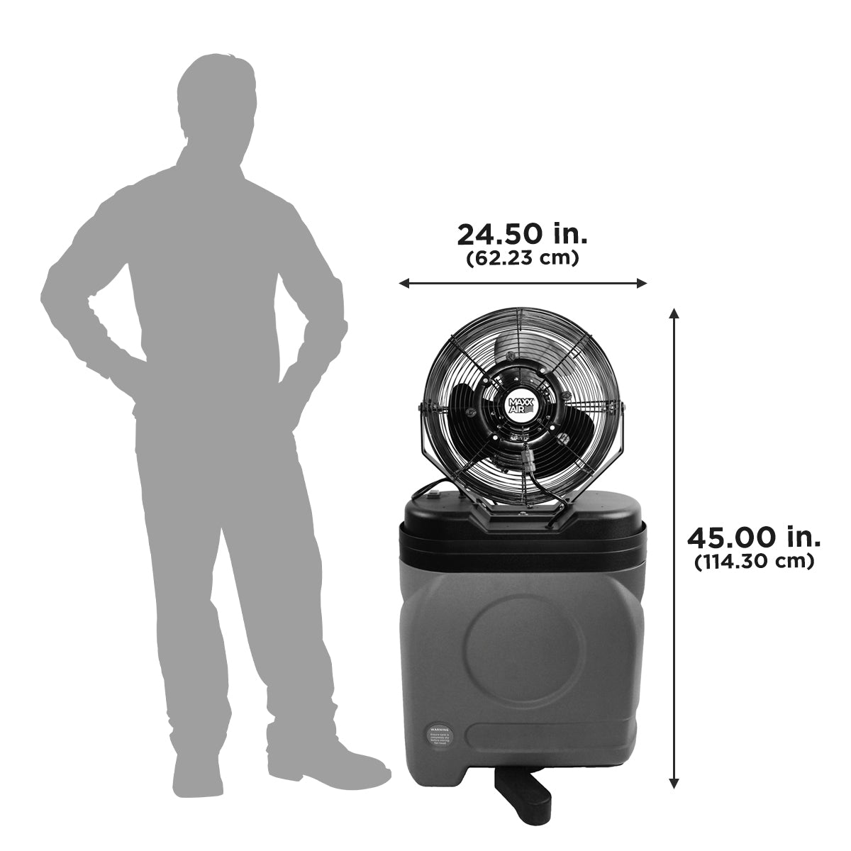 The mid pressure misting fan is compact, standing assembled at 24.5" wide and 45" tall.