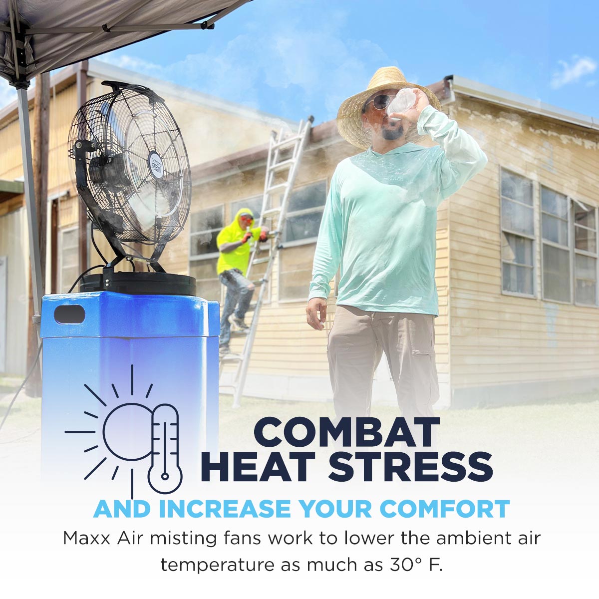 Maxx Air misting fans work to lower the ambient air temperature as much as 30° F, aiding in lowering the body's core temperature and thus reducing heat-related injuries.