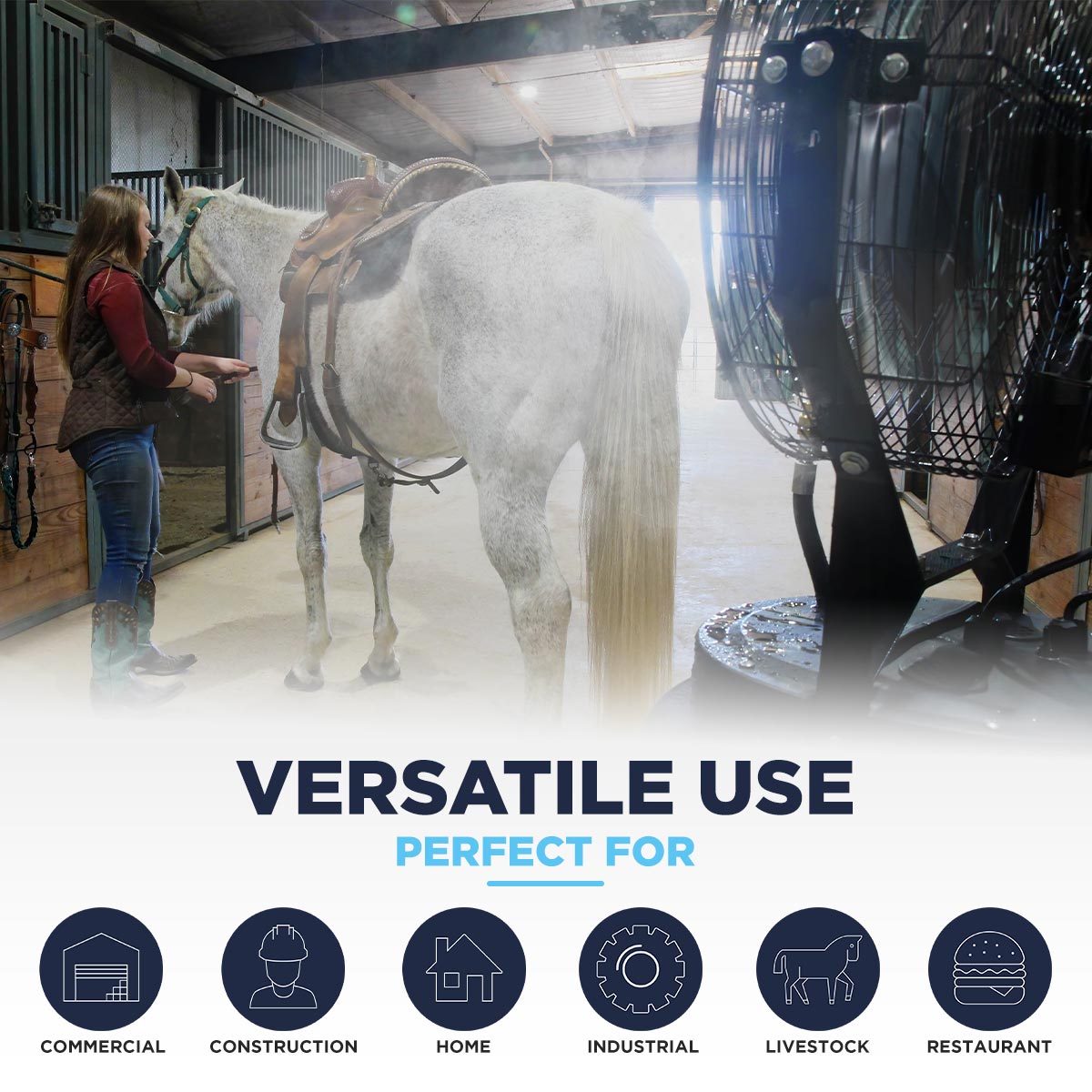 The Maxx Air 18" misting fan can be used in a wide variety of environments, including commercial, ag, construction, and home applications.