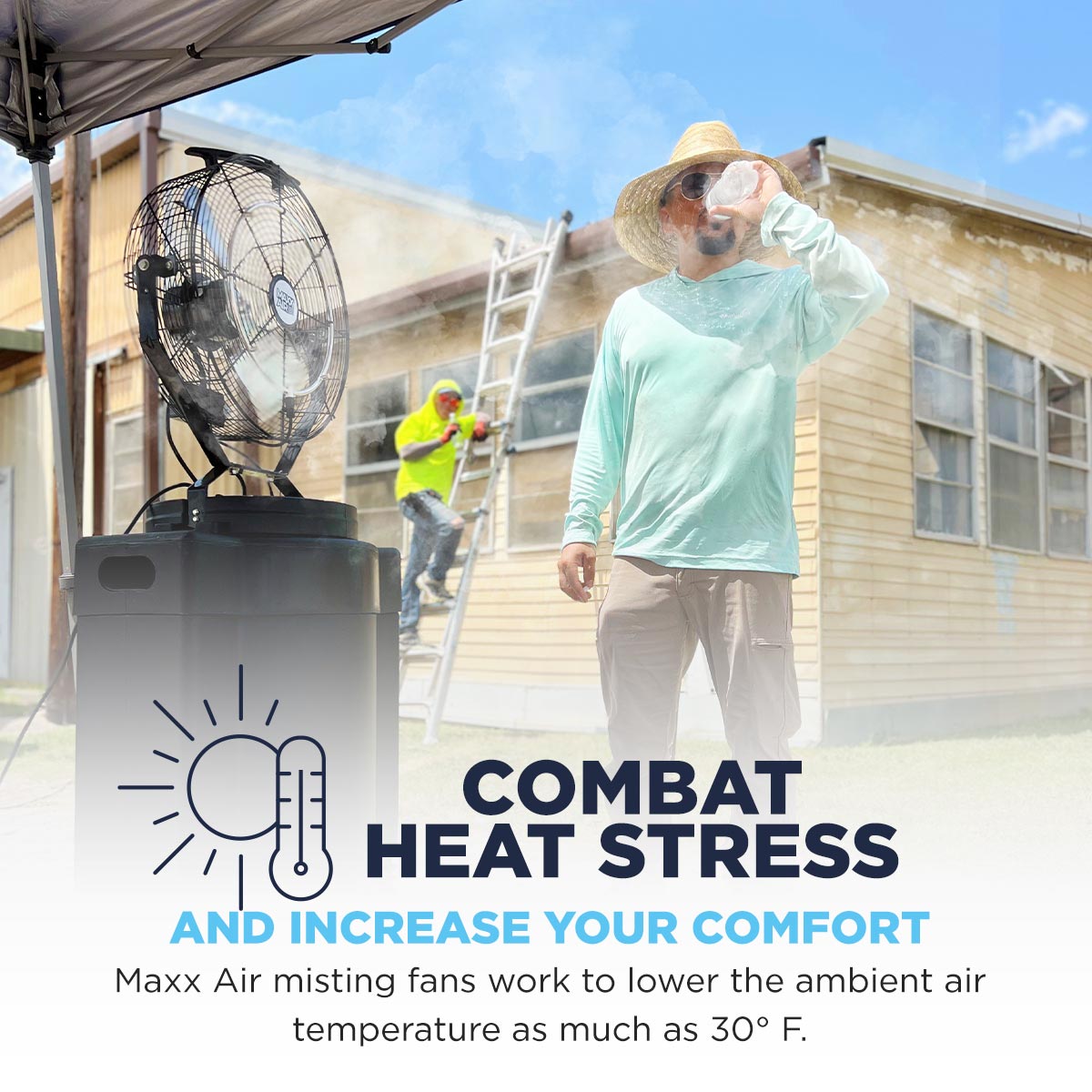 Maxx Air misting fans work to lower the ambient air temperature as much as 30° F, aiding in lowering the body's core temperature and thus reducing heat-related injuries.