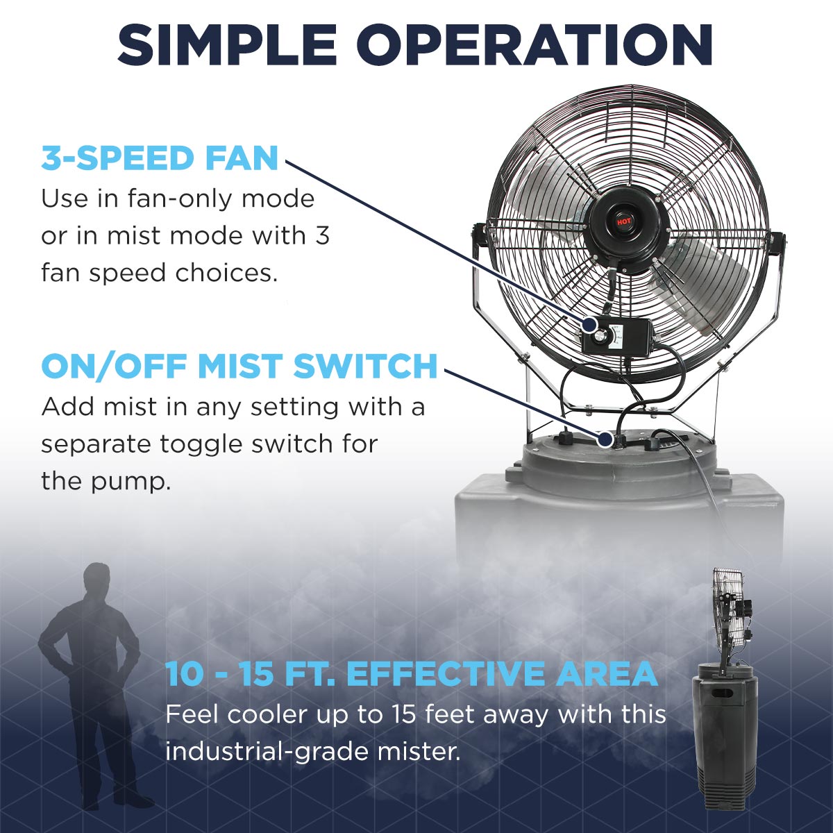 This portable misting fan is easy to use with separate fan speed and mist switch to create a cooling environment felt up to 15 ft. away.
