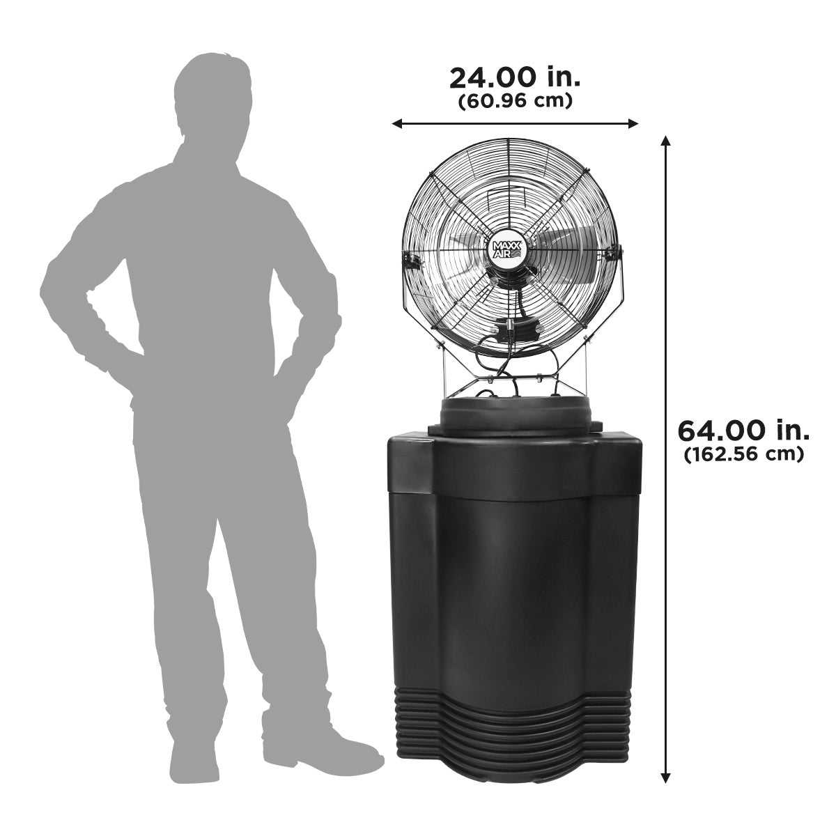 The mid-pressure misting fan stands assembled at 24" wide and 64" tall.