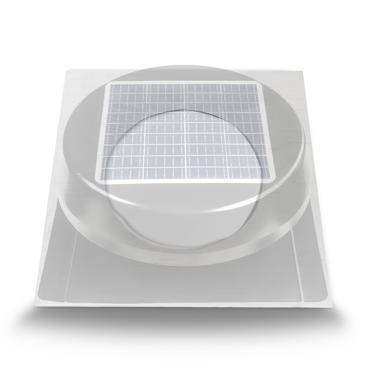 Partially transparent solar roof vent, shown so that you can see how the vent hole on the adapter frame lines up with the fan.