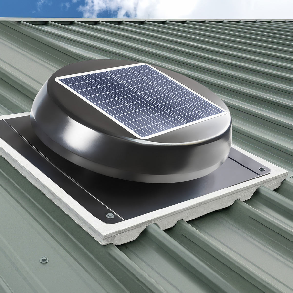 Mockup of a CX1025SOL installed on an R-panel corrugate roof using the adapter frame as a base.