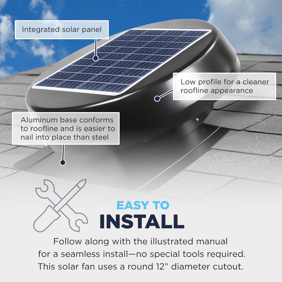 This attic fan uses a 12" diameter round cutout and can be installed in place of an older attic fan using the same rough opening. It uses an integrated solar panel on the dome for a lower profile and a cleaner roofline appearance, as well as an aluminum base which conforms closely to your roofline and is easier to nail into place than steel.