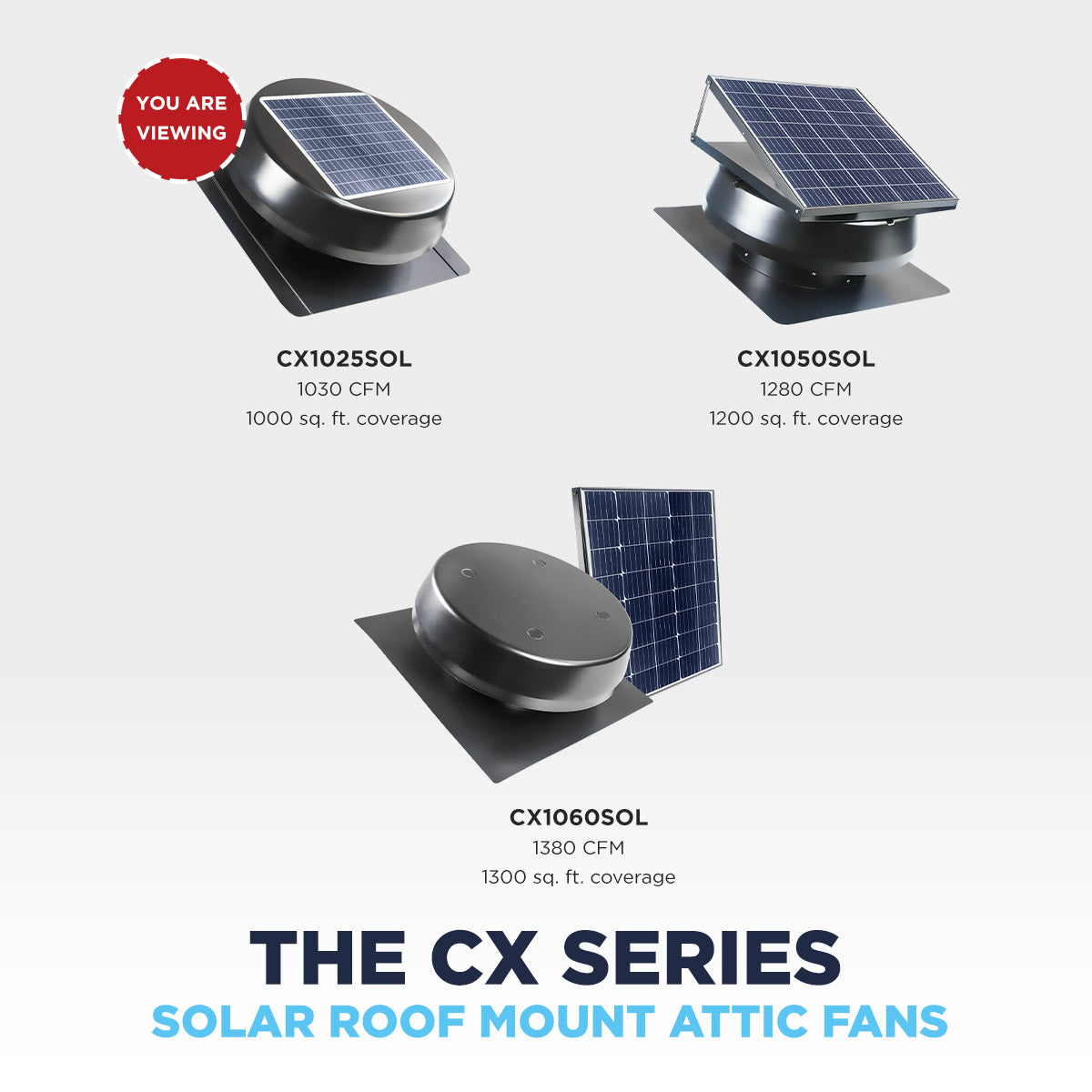 The CX1025SOL is part of the Maxx Air solar attic vent series - other models include CX1050SOL and CX1060SOL for larger attic spaces.