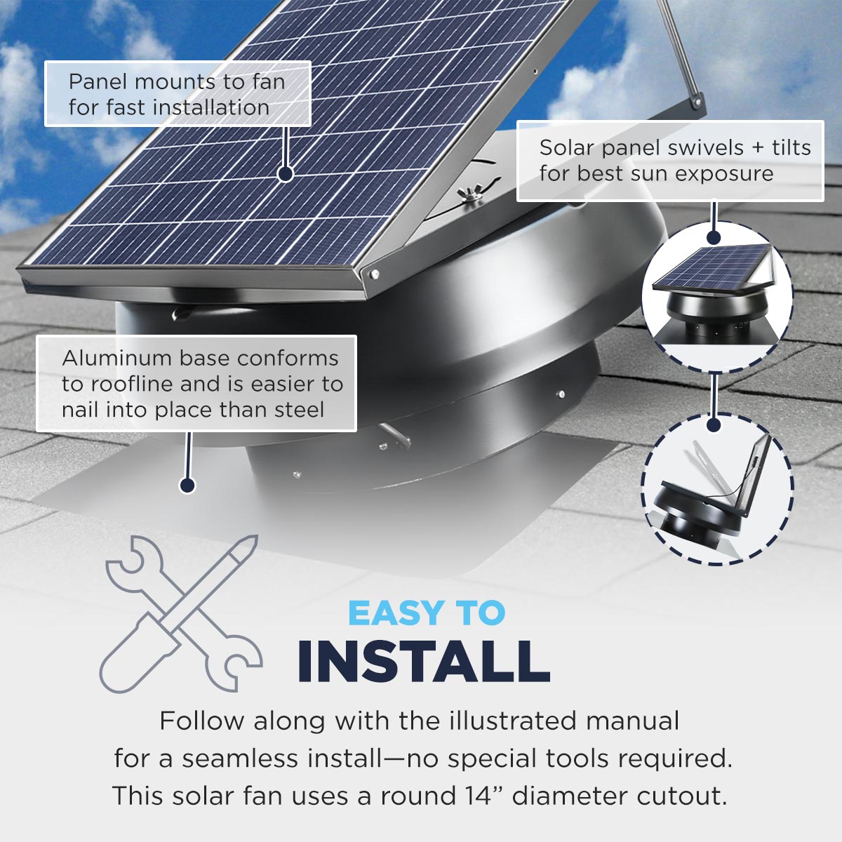 This attic fan uses a 14" diameter round cutout and can be installed in place of an older attic fan using the same rough opening. It uses an adjustable solar panel on the dome to catch your best sun exposure position, as well as an aluminum base which conforms closely to your roofline and is easier to nail into place than steel.