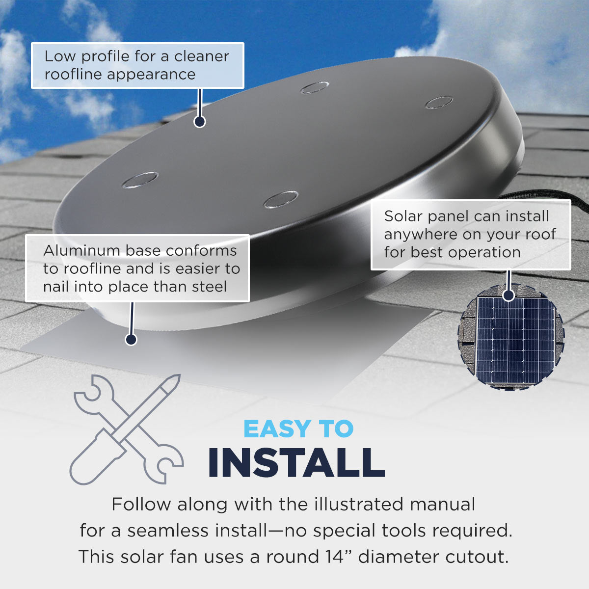 This attic fan uses a 14" diameter round cutout and can be installed in place of an older attic fan using the same rough opening. It uses a standalone solar panel which is perfect for installs where your fan placement may not receive the best sunlight, as well as an aluminum fan base which conforms closely to your roofline and is easier to nail into place than steel.