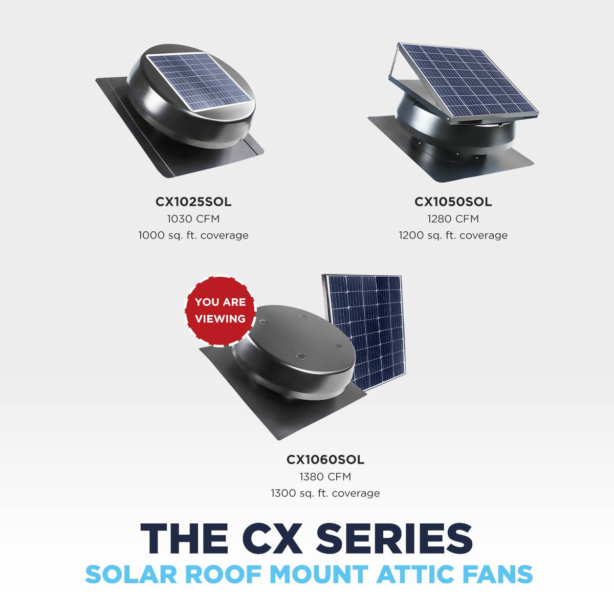 The CX1060SOL is part of the Maxx Air solar attic vent series - other models include CX1025SOL and CX1050SOL for smaller attic spaces.