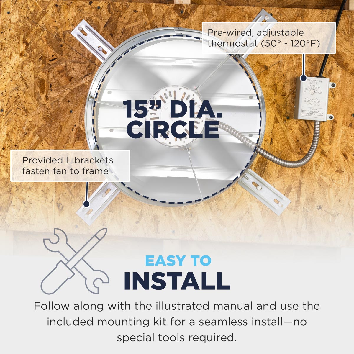 This attic fan uses a 15" diameter round cutout and can be installed in place of an older gable fan using the same rough opening. It includes a pre-wired adjustable thermostat and L brackets to attach the fan to your frane.