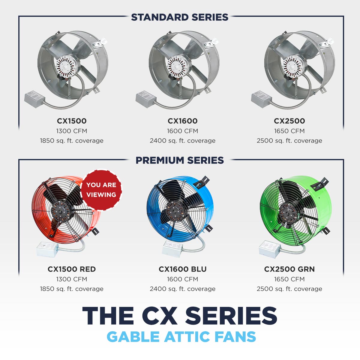 The CX1500 RED is part of the Maxx Air Premium Series of gable attic fans - other premium models include CX1600 BLU and CX2500 GRN for larger attic spaces.