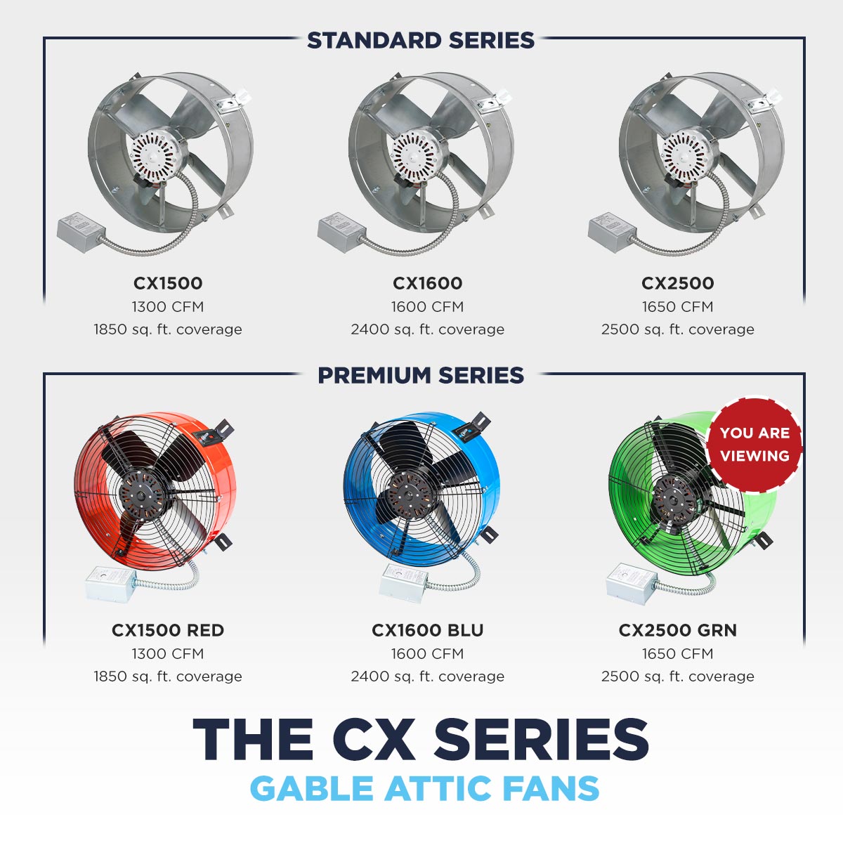 The CX2500 GRN is part of the Maxx Air Premium Series of gable attic fans - other premium models include CX1500 RED and CX1600 BLU for smaller attic spaces.