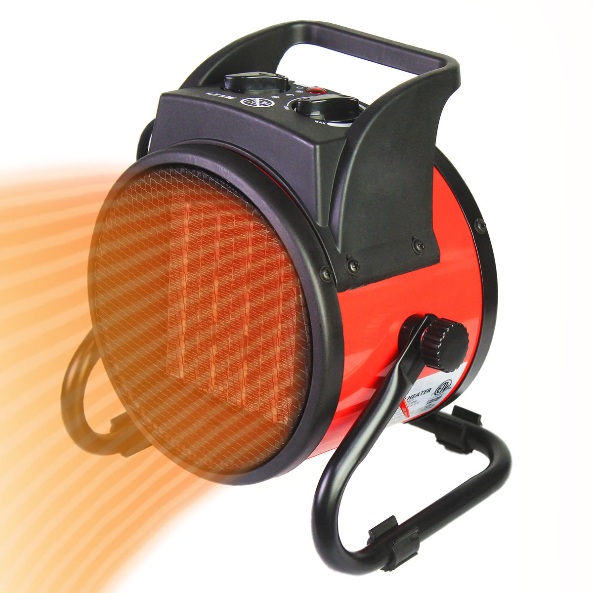 Angled view of the 7 in. portable heater showing the stable metal base legs and steel housing in vibrant red finish.