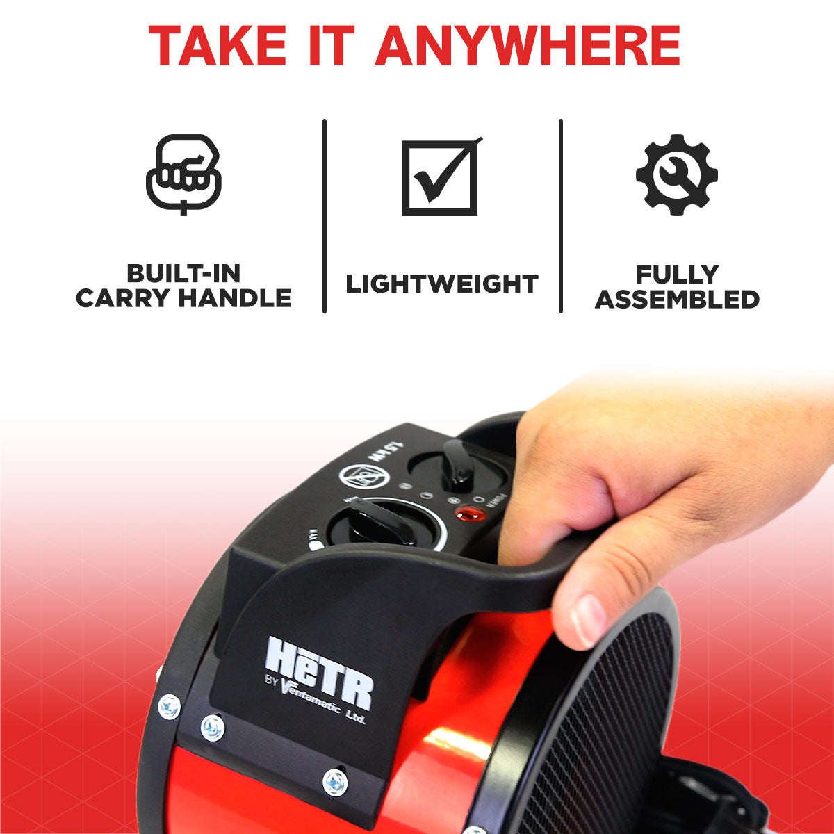 Take this lightweight heater with you using the built-in carry handle.