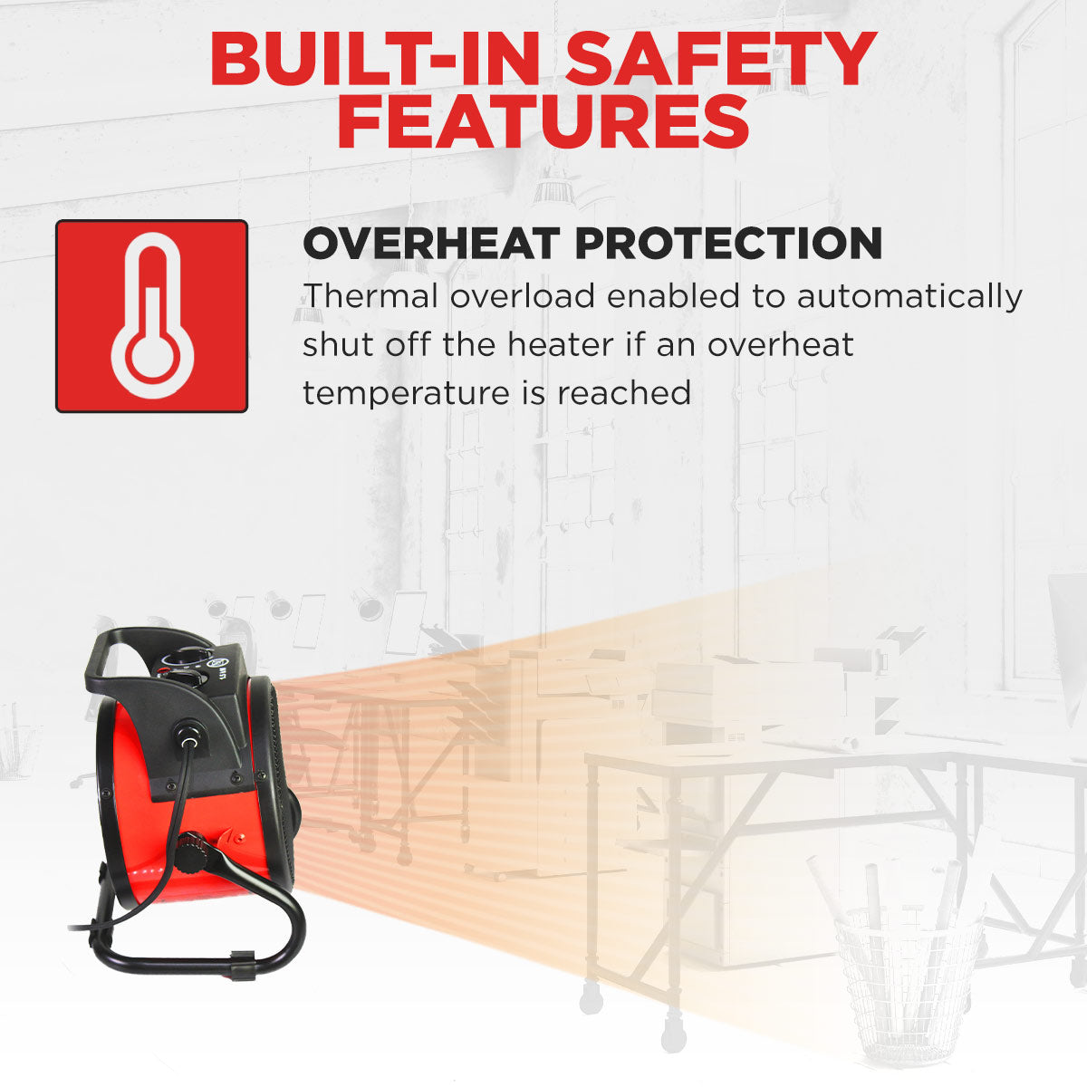 This portable ceramic heater has a thermal overload built in to automatically shut off the heater should overheat occur.