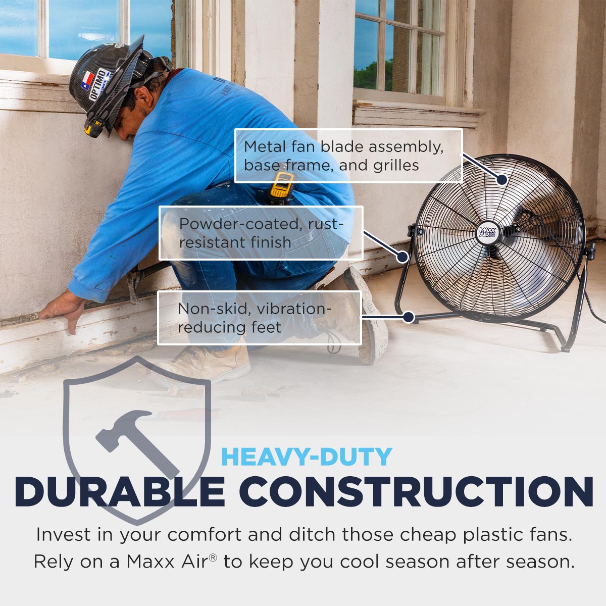 The HVFF 20 has a durable metal construction with a powder-coated finish for rust-resistance, as well as non-skid positioning feet to eliminate vibration.