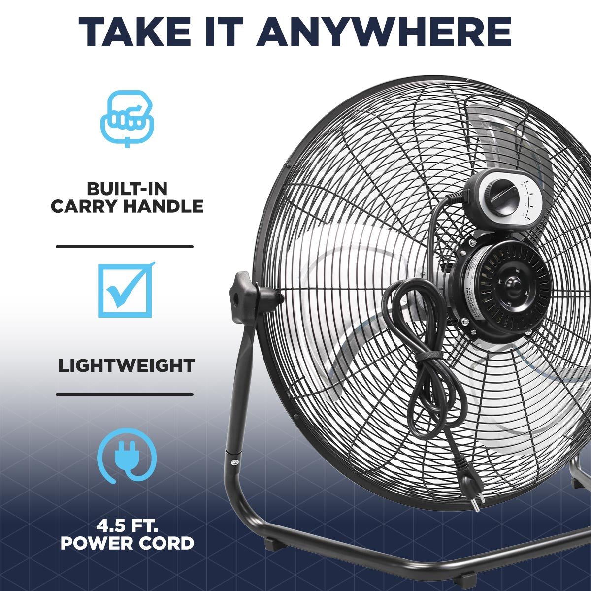 Take your air circulator anywhere with you with it's built-in carry handle and lightweight design. This fan features a 4.5 ft. power cord with cord wrap to keep it out of the way when in storage or traveling.