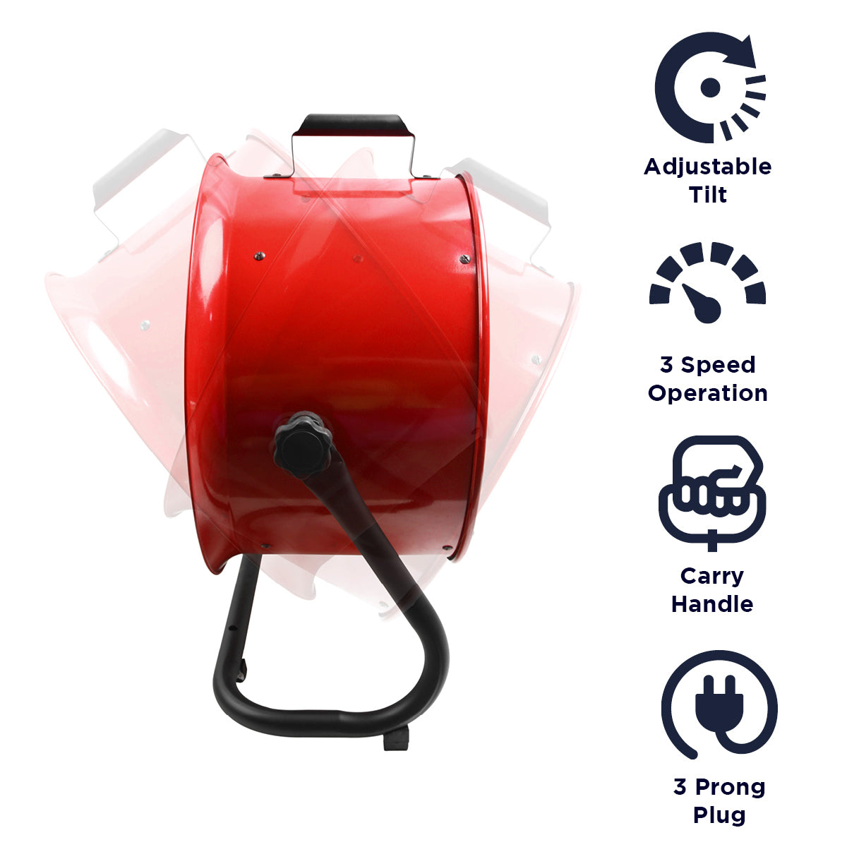 Features of the HVFF16T RED include an adjustable tilt, 3 speed operation, carry handle, and 3 prong electric plug.