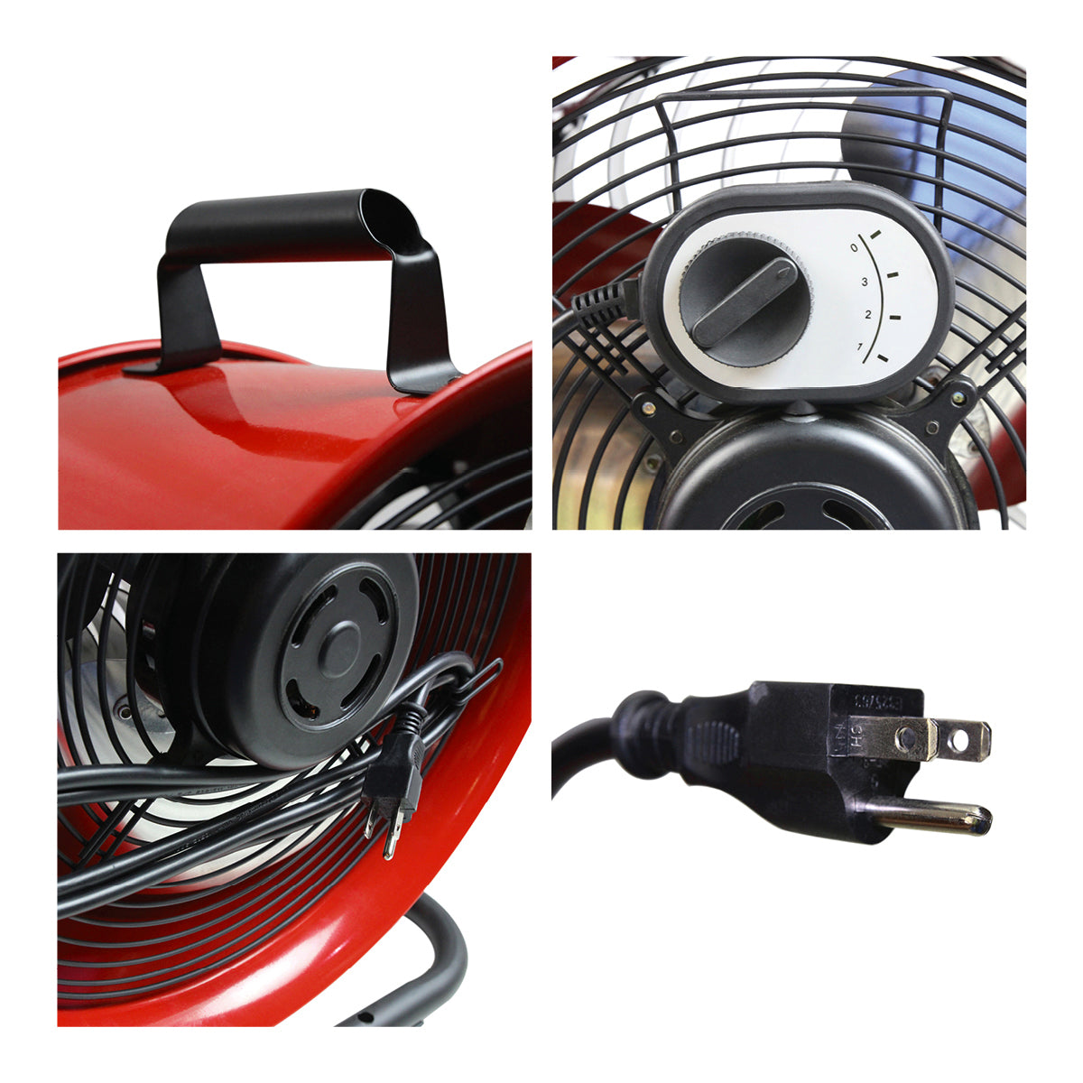 Close-up of the room fan's handle, speed switch, power cord and cord wrap, and 3 prong plug.
