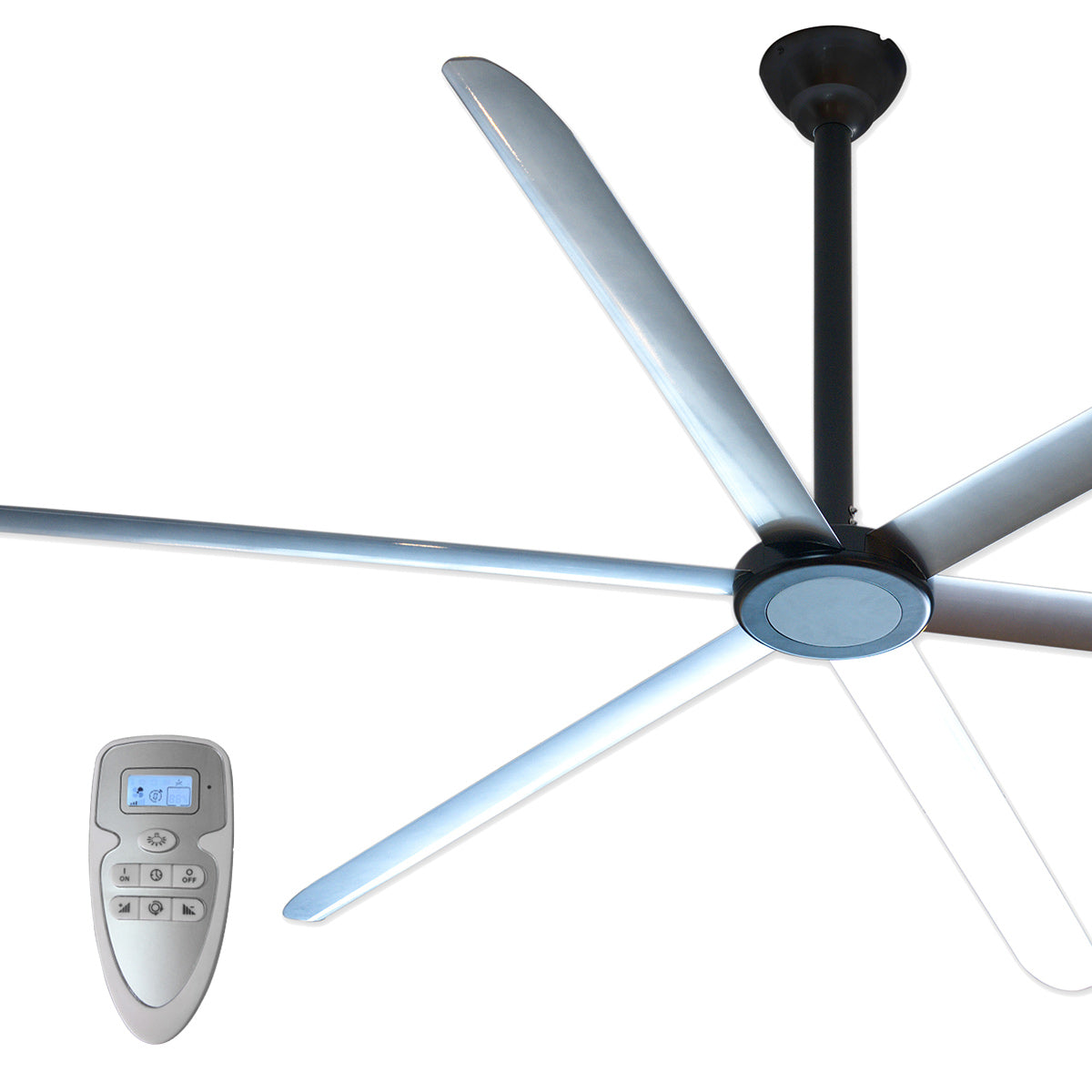 Large 108 in. diameter ceiling fan in anodized black finish.