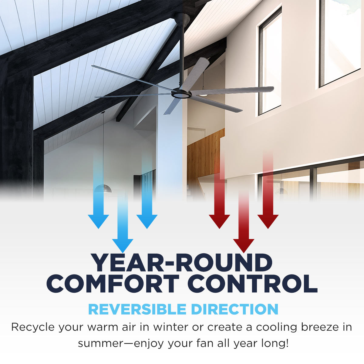 Enjoy year round comfort control with this industrial ceiling fan's reversible motor which recycles warm air in winter or creates a cooling breeze in summer.