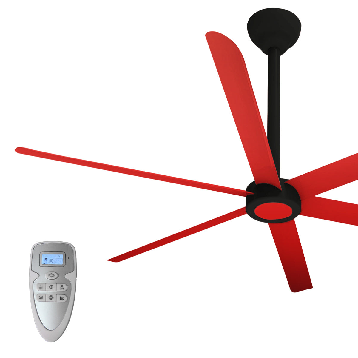 Modern 108 in. diameter HVLS ceiling fan in vibrant red finish.