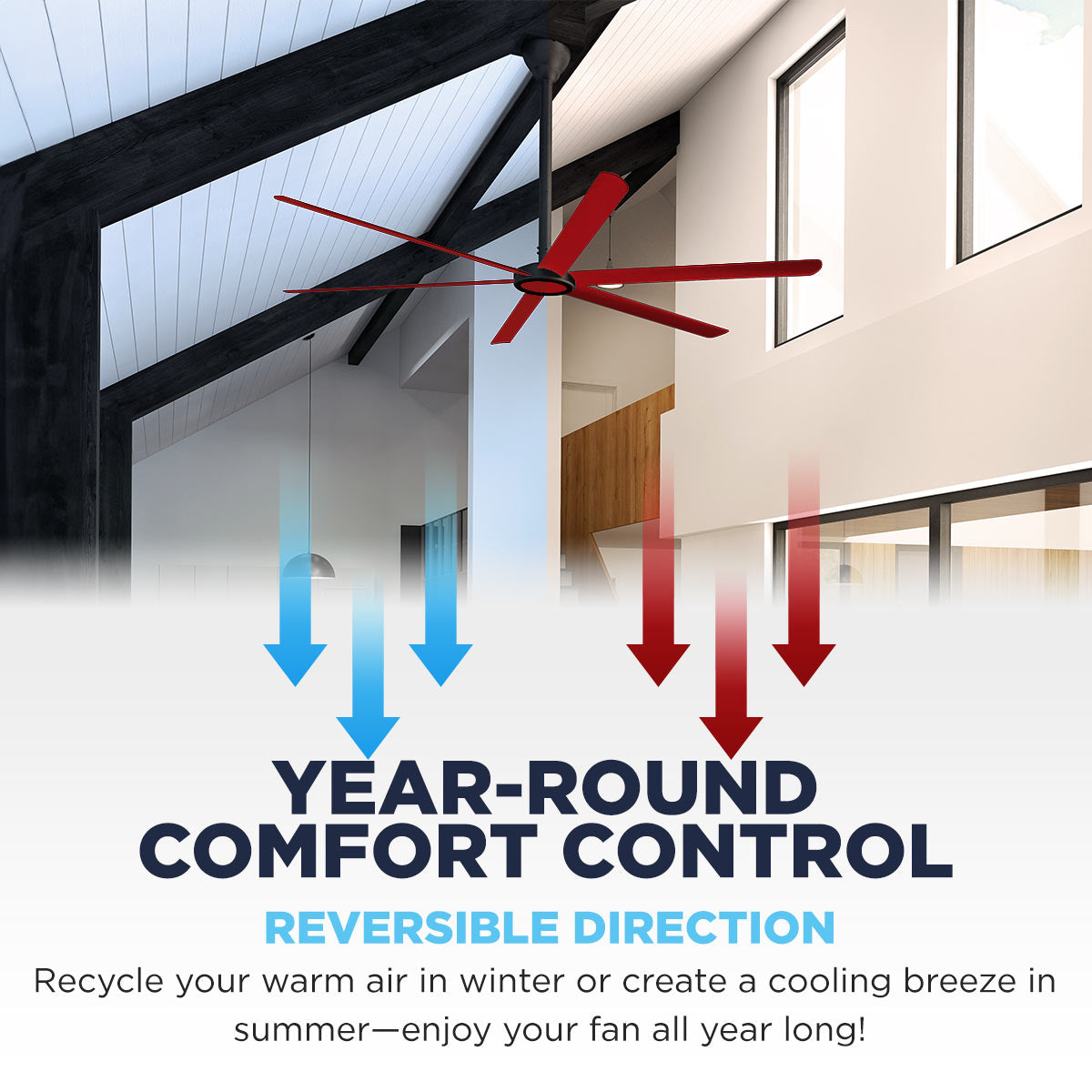 Enjoy year round comfort control with this industrial ceiling fan's reversible motor which recycles warm air in winter or creates a cooling breeze in summer.