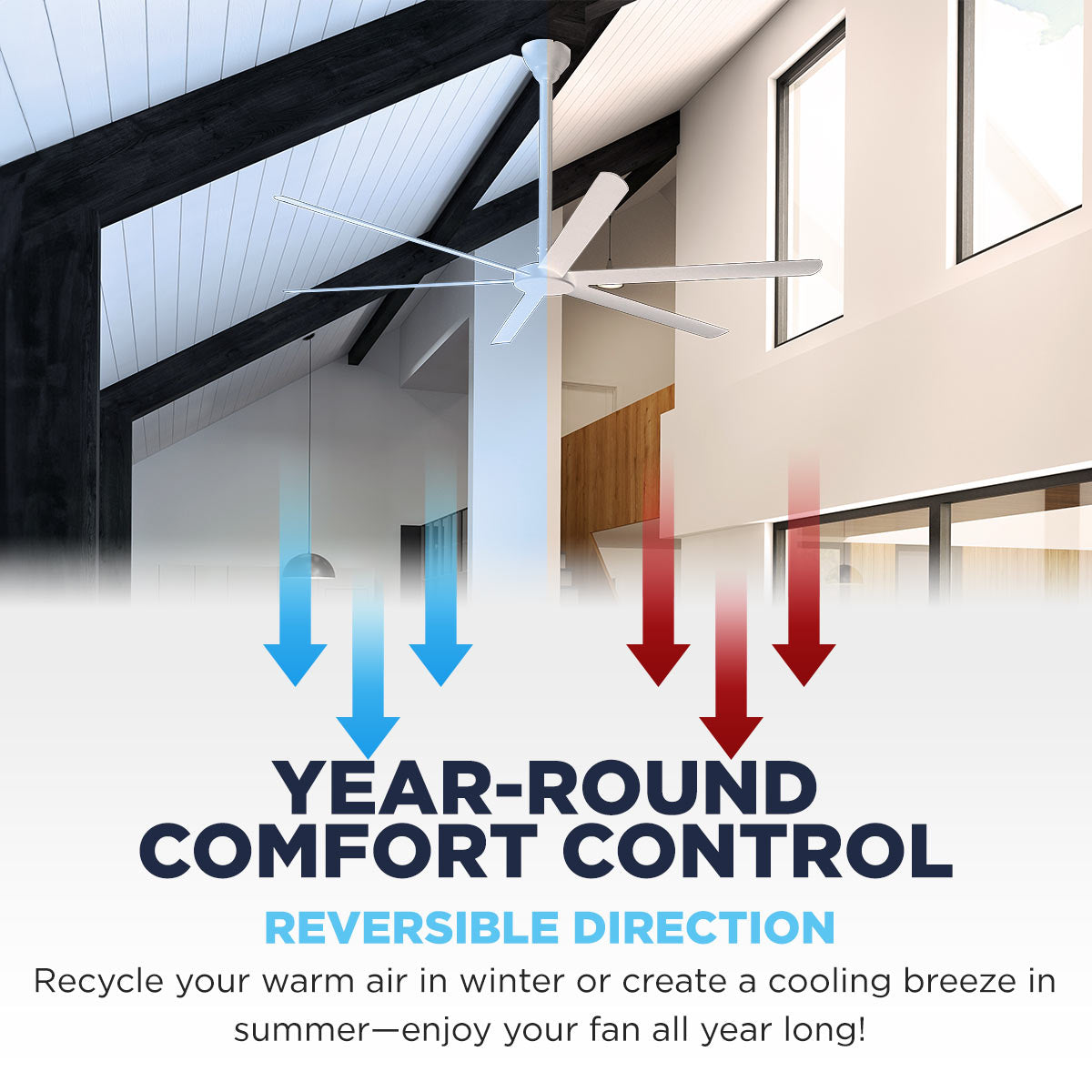 Enjoy year round comfort control with this industrial ceiling fan's reversible motor which recycles warm air in winter or creates a cooling breeze in summer.