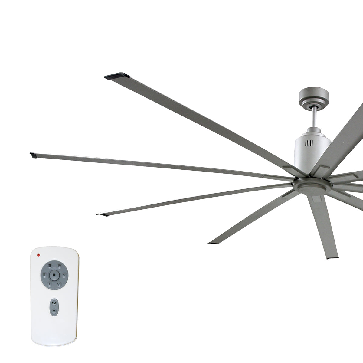 72 in. industrial ceiling fan in metallic brushed nickel finish with large diameter fan blades.