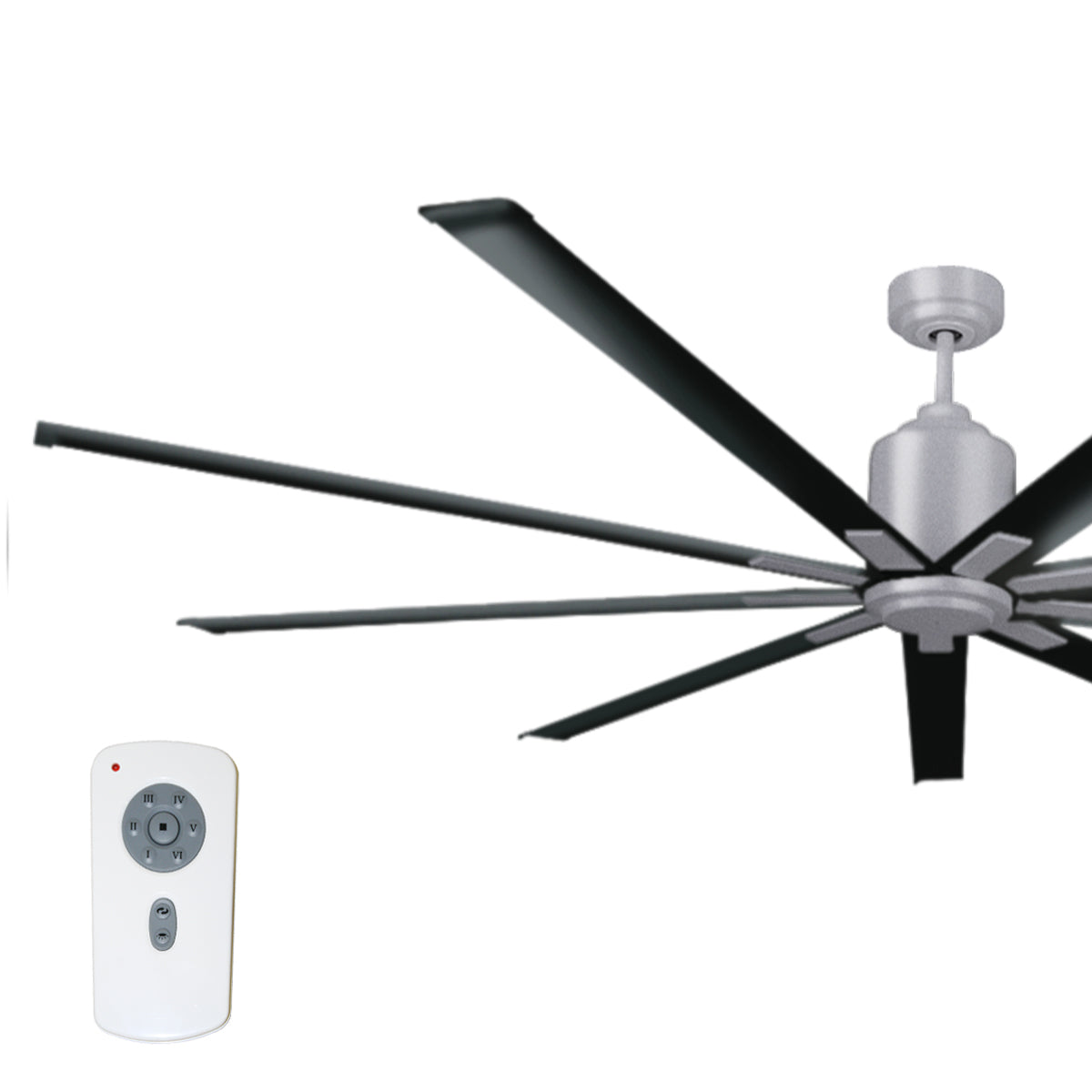 Large diameter 96 in. industrial ceiling fan in chrome and gloss black combination finish.