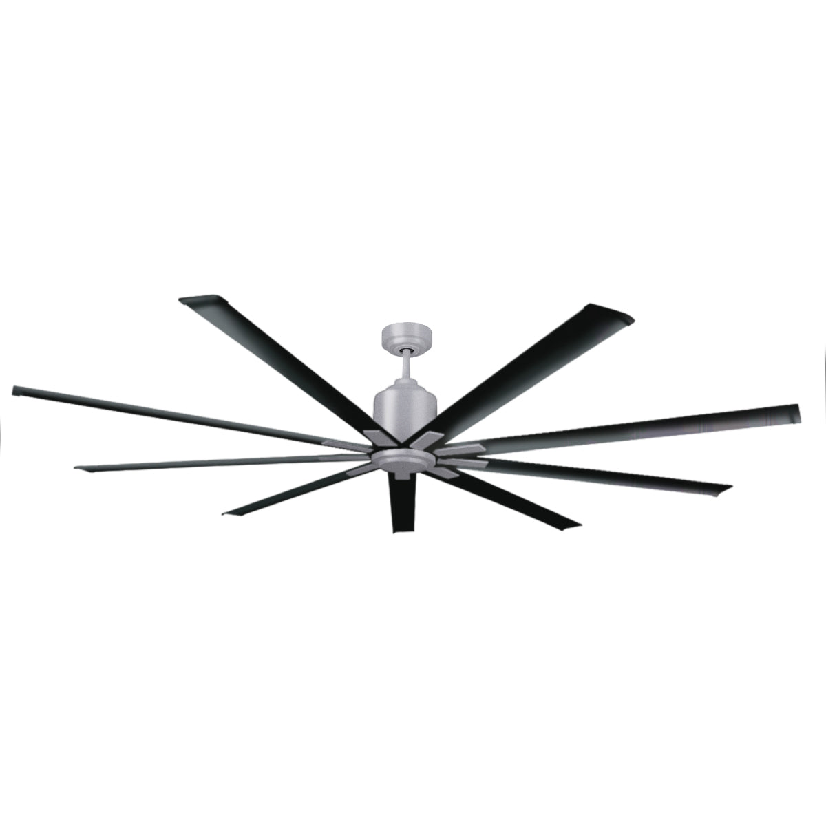 Large diameter 96 in. industrial ceiling fan in chrome and gloss black combination finish.