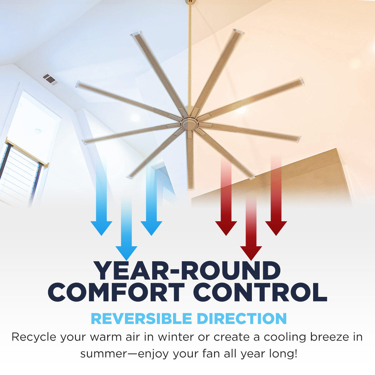 Enjoy year round comfort control with this industrial ceiling fan's reversible motor which recycles warm air in winter or creates a cooling breeze in summer.