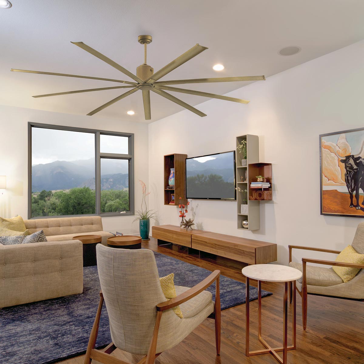 This modern ceiling fan provides powerful air movement while remaining a stylish statement piece for your home.