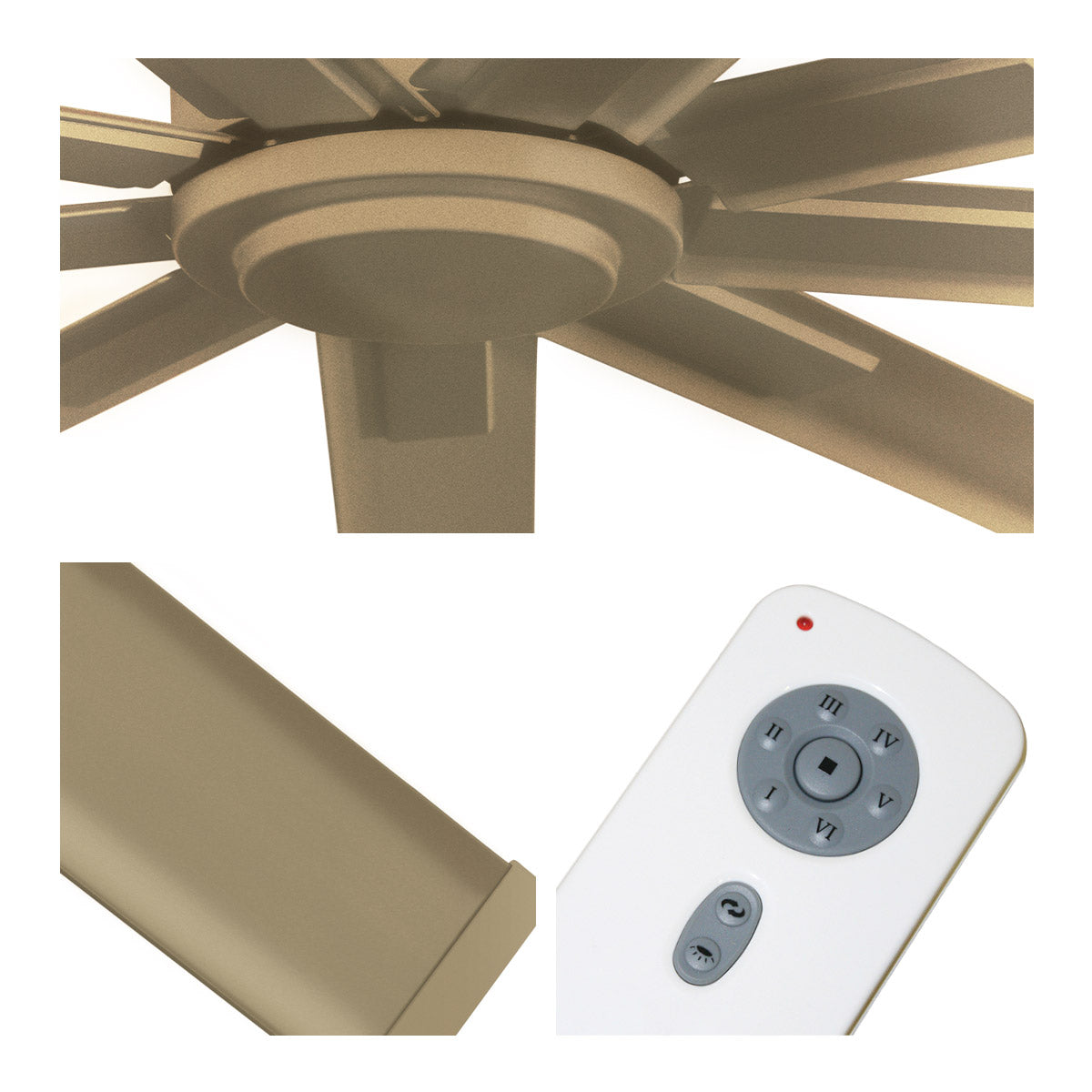Detailed close-up of fan center, gold blade finish, and remote control with 6 speeds and reverse function.